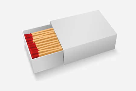 Matchbox template. White banner of boxes with wooden red matches handy means to light fire and create vector flameのイラスト素材