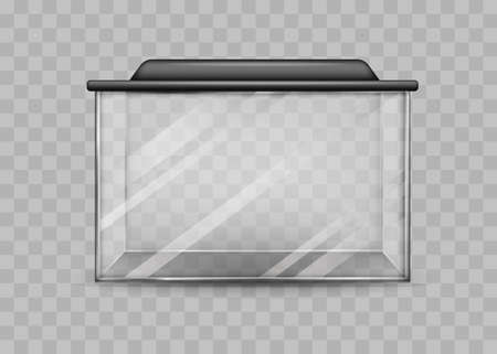 Transparent rectangular aquarium isolated template. Square container with black backlight lid water world terrarium at home and vector office.のイラスト素材