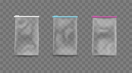 Plastic bags on zipper isolated template. Empty transparent packet with adjustable ziplock for storing food and protecting things from vector moisture.のイラスト素材