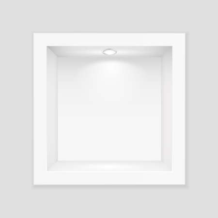 White box with glass and lighting template. Indoor empty exhibition stand with white backlight lamp at top realistic showcase for vector expositions.のイラスト素材