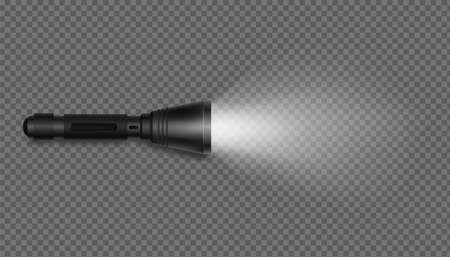 Black flashlight with light on isolated template. Realistic pocket device illuminates surface with beam glowing vector bannerのイラスト素材