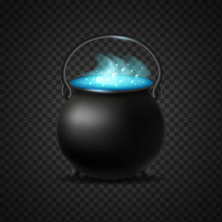 Cauldron of blue witchcraft potion isolated. Rising steam with bubbles of pot of bubbling potion symbol of witchcraft and vector halloweenのイラスト素材