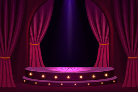Illuminated stage in concert hall template. Festive show in trendy club with velvet curtains and platform lights vintage presentation in vector theaterのイラスト素材