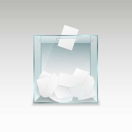 Ballot box with voting forms. Transparent glass container with pieces of paper political referendum and test poll democratic campaign of choosing political vector candidatesのイラスト素材