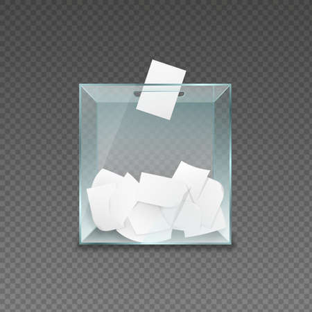 Ballot container with voting forms. Transparent glass box with pieces of paper political referendum and test poll democratic campaign of choosing political vector candidatesのイラスト素材