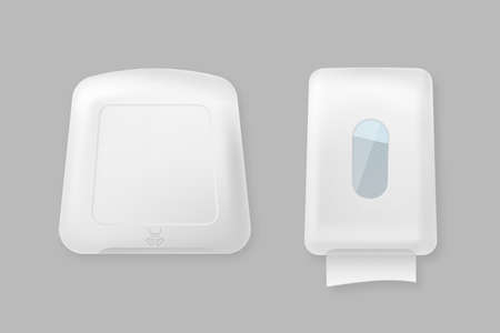 Hand dryer and dispenser mockup template. White appliances for sanitary room and toilet modern disinfection with antibacterial wipes and warm vector dryingのイラスト素材