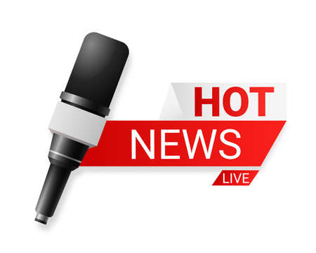 Microphone for hot news. Professional audio equipment with round black nozzle for interviews and concerts and vector power buttons.のイラスト素材