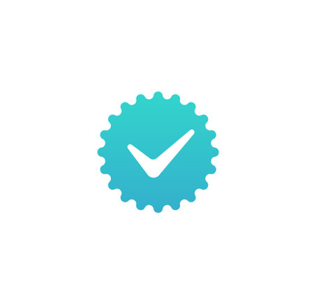 Seal with checkmark of certified document. Turquoise consent and approval symbol election vote graphic sign with decision vector markのイラスト素材