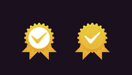 Gold seal with checkmark of certified document. Yellow elite consent and approval symbol election vote graphic sign with decision vector markのイラスト素材