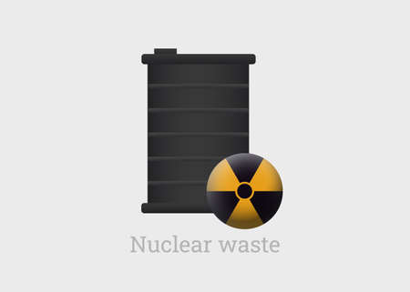 Hazardous nuclear waste. Black barrel with spent plutonium and radioactive threat symbol, dangerous pollution of vector environmentのイラスト素材