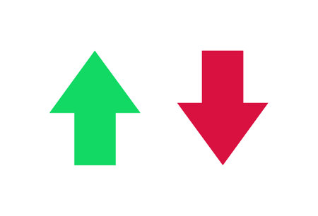 Arrows up and down. Red arrow pointer green indicating direction with vertical navigation web traffic symbols for website and vector elevatorのイラスト素材