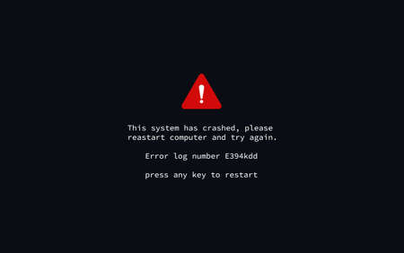 Black window of crashed computer web system. Critical error warning exclamation mark asking for reboot hacker hack and viruses in software vector equipmentのイラスト素材