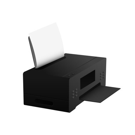 Black printer with paper. Electronic realistic device for printing text and photo useful office...