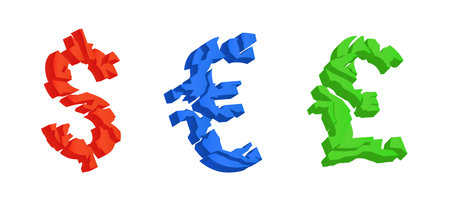 Broken colored currency symbols. Volume 3d cracked signs of red dollar and blue euro collapse green pound sterling banking currency economic devaluation vector bankruptcy designのイラスト素材