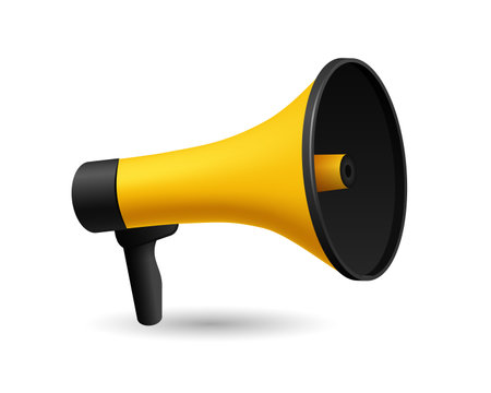 Yellow loudspeaker. Realistic megaphone with black border for warning and promotional marketing vector announcementsのイラスト素材