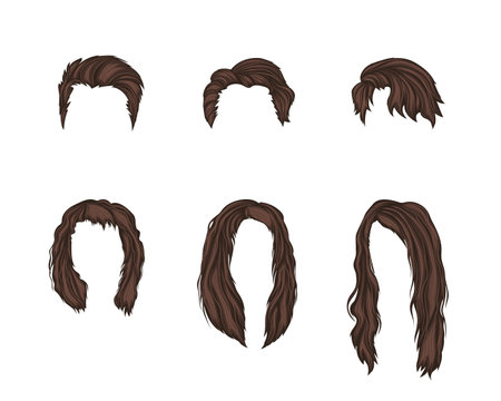 Womens and mens wigs template set. Fashion hairstyles with long and short hair cut and vector stylingのイラスト素材