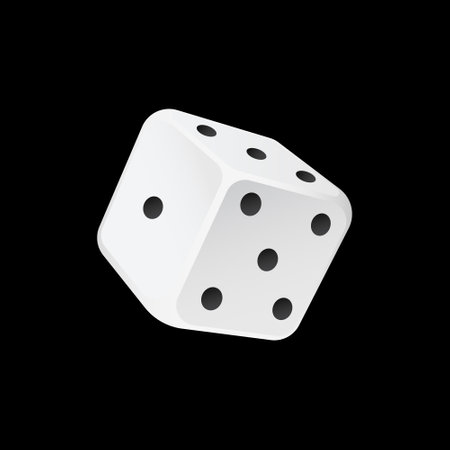 White dice on dark space. Gambling and winning fortune cube as random risk chance symbol with jackpot vector winのイラスト素材