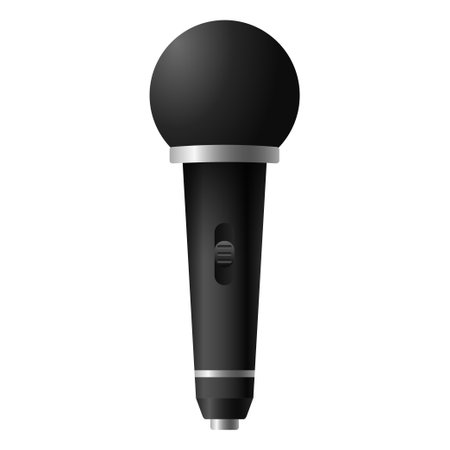 Black realistic microphone. Sound musical equipment with round dark nozzle for interviews and concerts and vector power buttons.のイラスト素材