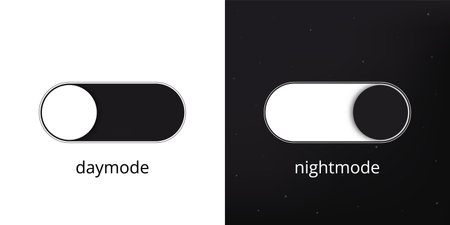 Day and night mode buttons template. White and black web interface sliders of the application switcher for active and sleeping vector modeのイラスト素材