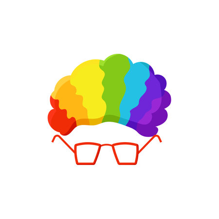 Cheerful clown mask template. Performance festive accessory with rainbow wig and red glasses for humorous vector partiesのイラスト素材