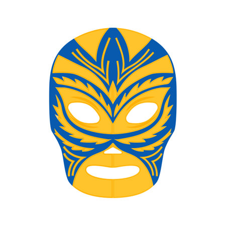 Wrestler luchador mask template. Wrestling suit item with yellow blue mexican tracery for extreme libre vector sportのイラスト素材