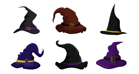 Colorful witch hats with buckles set. Halloween sorceress headdress for halloween magic and witchcraft with pointed crown stylish decoration for party and vector holidaysのイラスト素材