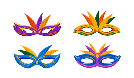 Colorful masquerade and festival masks set. Bright carnival decoration for theatrical celebrations in venetian style as elegant vector face disguiseのイラスト素材