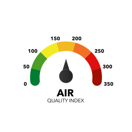 Air pollution indicator. Gauge with quality index dial showing positive green and negative red pressure with dashboard vector displayのイラスト素材