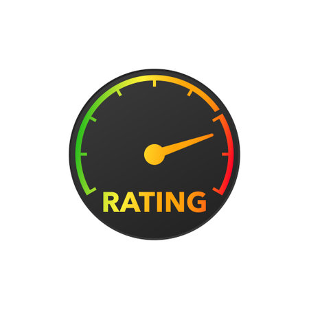 Speedometer rating icon. Performance indicator with colored dial and arrow to indicate tasks set and level of products vector impactのイラスト素材