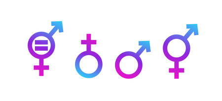 Gender colored symbols. Male and female gender relationship with arrow and cross with homo and heterosexual vector orientationのイラスト素材