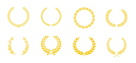 Golden wreaths with ornaments set. Victory award to winner of competition in successful championship with high ranking and an elite vector trophyのイラスト素材