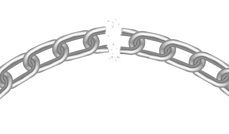 Broken chain. Defect and break of steel links and symbol of freedom and reset of shackles with...