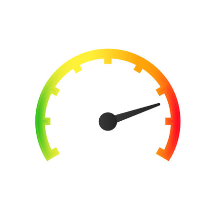 Round measuring indicator. Gauge with dial showing positive green and negative red pressure with dashboard vector speedometerのイラスト素材