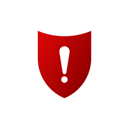 Red shield with exclamation point. Danger and web virus warning symbol with possibility of system damage and hacker vector hacksのイラスト素材