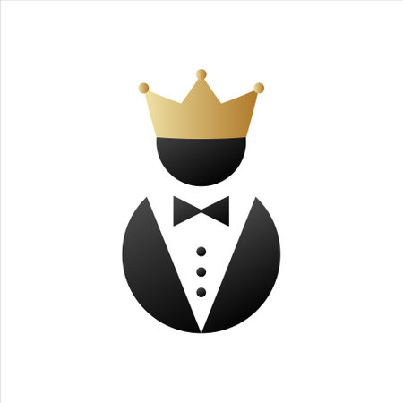Royal man in tuxedo and bow tie with golden crown. Luxury vip style for gentleman and businessman for creative conferences and vector receptionsのイラスト素材