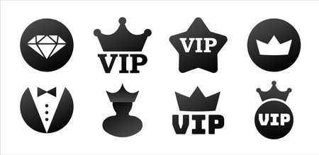 Stickers with vip symbols icon. Luxury crown premium certificate for invitation with tuxedo exclusive emblem and elegant design for famous and wealthy vector visitorsのイラスト素材