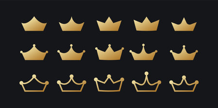 Golden crowns set. Monarch vip headdress with imperial heraldic symbols and classic design of ruling vector kingdomのイラスト素材