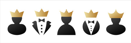Vip man in tuxedo and bow tie with golden crown. Luxury leader style for gentleman and businessman for creative conferences and vector receptionsのイラスト素材