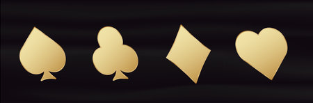 Golden card 3d suits. Yellow gradient symbol of gambling luck in poker and successful game in casino with blackjack and bets vectorのイラスト素材