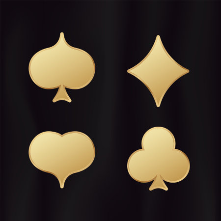 Golden card suits. Yellow gradient symbol of gambling luck in poker and successful game in casino with blackjack and bets vectorのイラスト素材