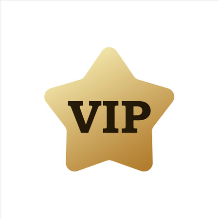 Golden star with inscription vip. Royal premium label for invitation with exclusive emblem and elegant design for famous and wealthy vector visitorsのイラスト素材