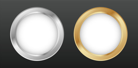 Golden and metal circle photo frame vector. Round gold ringのイラスト素材