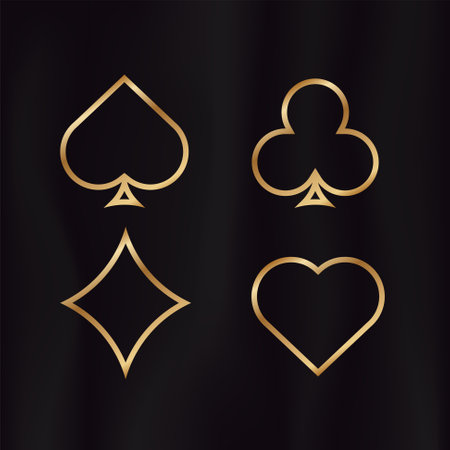 Golden outline card suits. Yellow gradient symbol of gambling luck in poker and successful game in casino with blackjack and bets vectorのイラスト素材