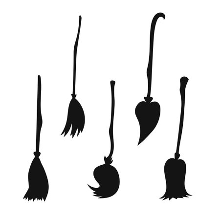 Magic broom set. Witch flying broomstick for witches and sorcerers and equipment for cleaning and sweeping streets and private vector areasのイラスト素材
