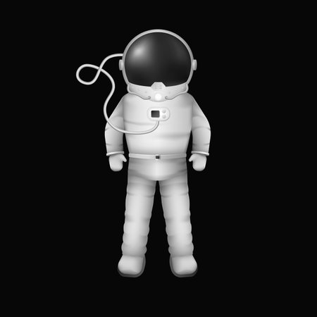 Astronaut in spacesuit. Character in protective helmet and white special suit with breathing wire hovers in zero vector gravityのイラスト素材