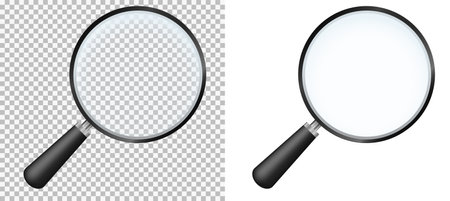 Realistic magnifying glass. Optical scaling and exploring tool with long handle and concave mirror glass realistic vector designのイラスト素材
