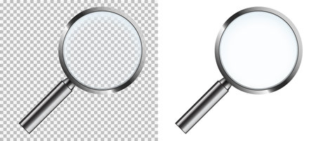 Research magnifying glass set. Exploration scaling and exploring tool with long handle and concave mirror glass realistic vector designのイラスト素材
