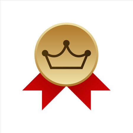 Gold vip medal with red ribbons. Premium reward certificate for invitation with exclusive emblem and elegant design for famous and wealthy vector visitorsのイラスト素材