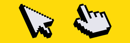 Two retro pixel iconsâa white arrow and a pointing handâappear side by side.のイラスト素材