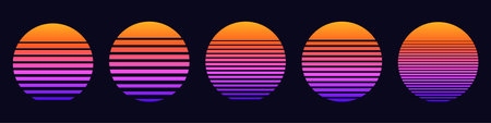 Five ovals display a vibrant gradient of orange, pink, and purple with horizontal stripes.のイラスト素材